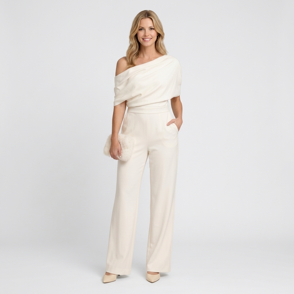 Women’s One Shoulder Wide Leg Jumpsuit – Draped Sleeve Formal Style