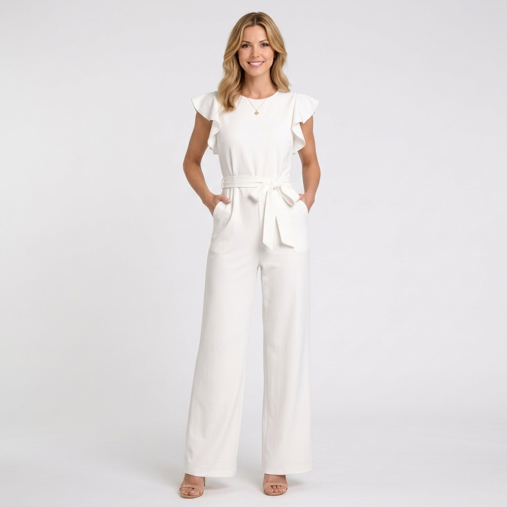 Women’s Tie Waist Wide Leg Jumpsuit – V Neck Flutter Sleeve Style