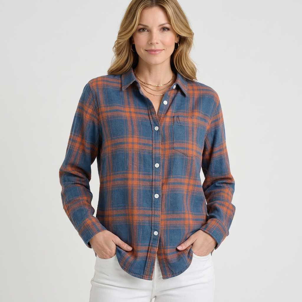 Women’s Plaid Button Up Shirt – Collared Long Sleeve Check Style