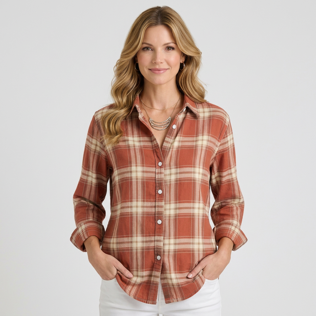Women’s Plaid Button Up Shirt – Collared Long Sleeve Check Style
