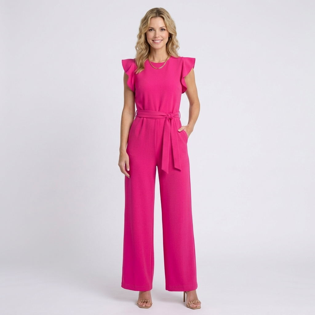 Women’s Tie Waist Wide Leg Jumpsuit – V Neck Flutter Sleeve Style