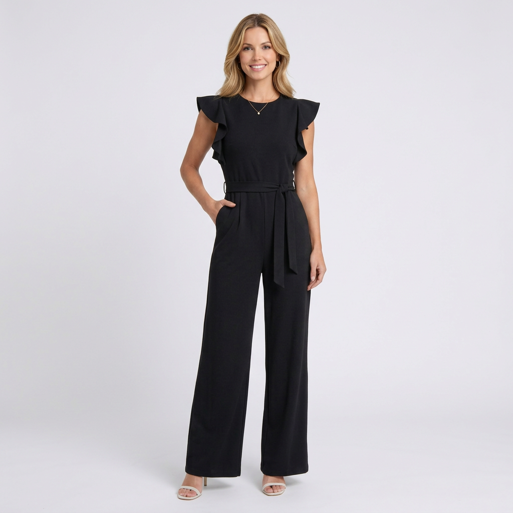 Women’s Tie Waist Wide Leg Jumpsuit – V Neck Flutter Sleeve Style
