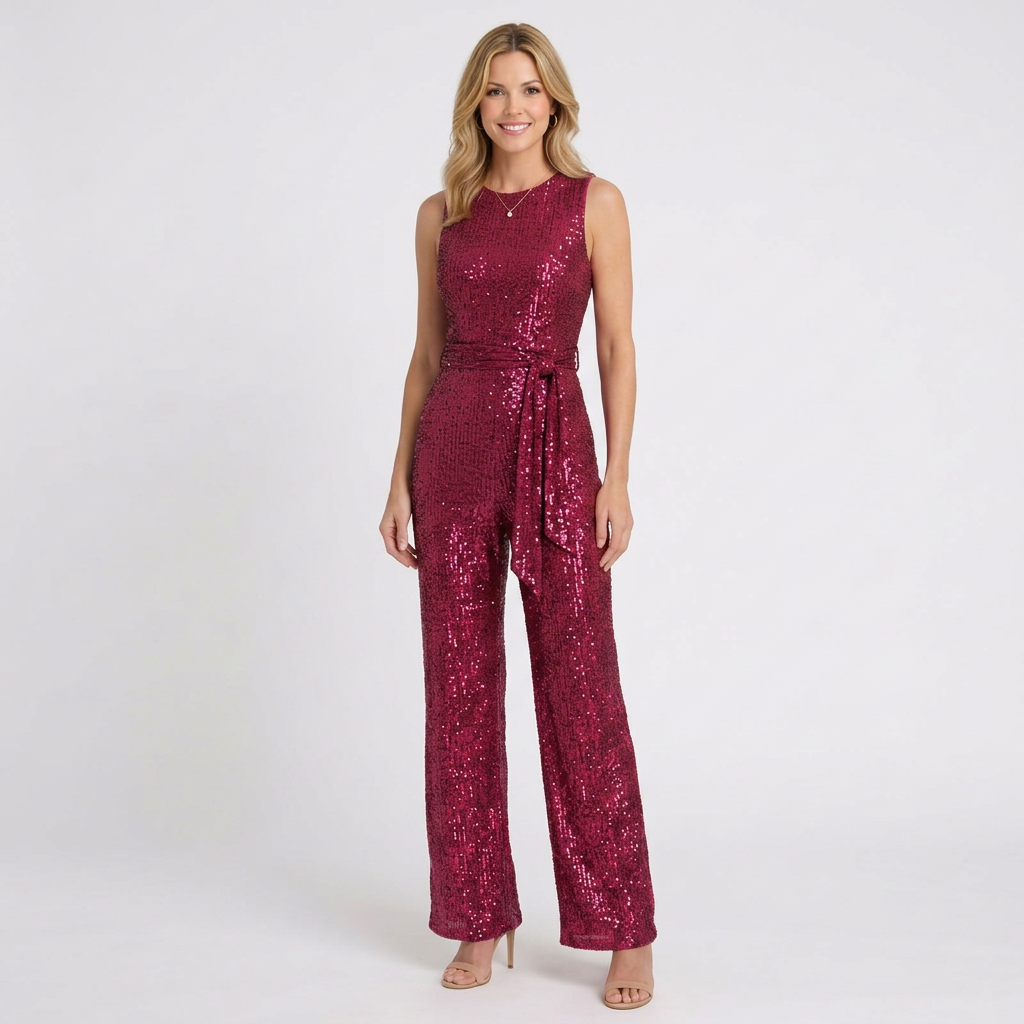 Women’s Sequin Wide Leg Jumpsuit – Sleeveless Tie Waist Full Length