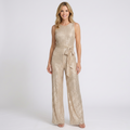 Women’s Sequin Wide Leg Jumpsuit – Sleeveless Tie Waist Full Length