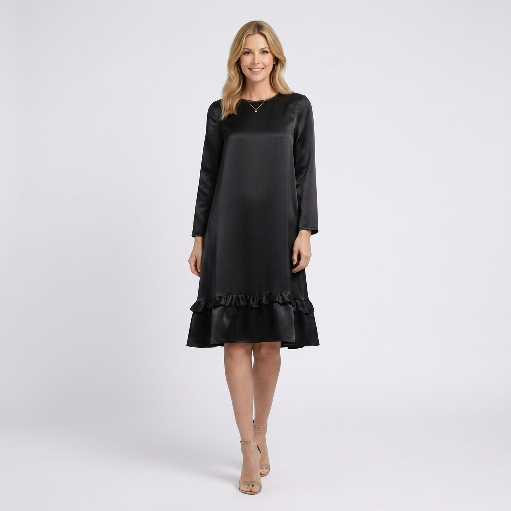 Women’s Long Sleeve Shift Dress – Ruffle Hem Knee Length Style