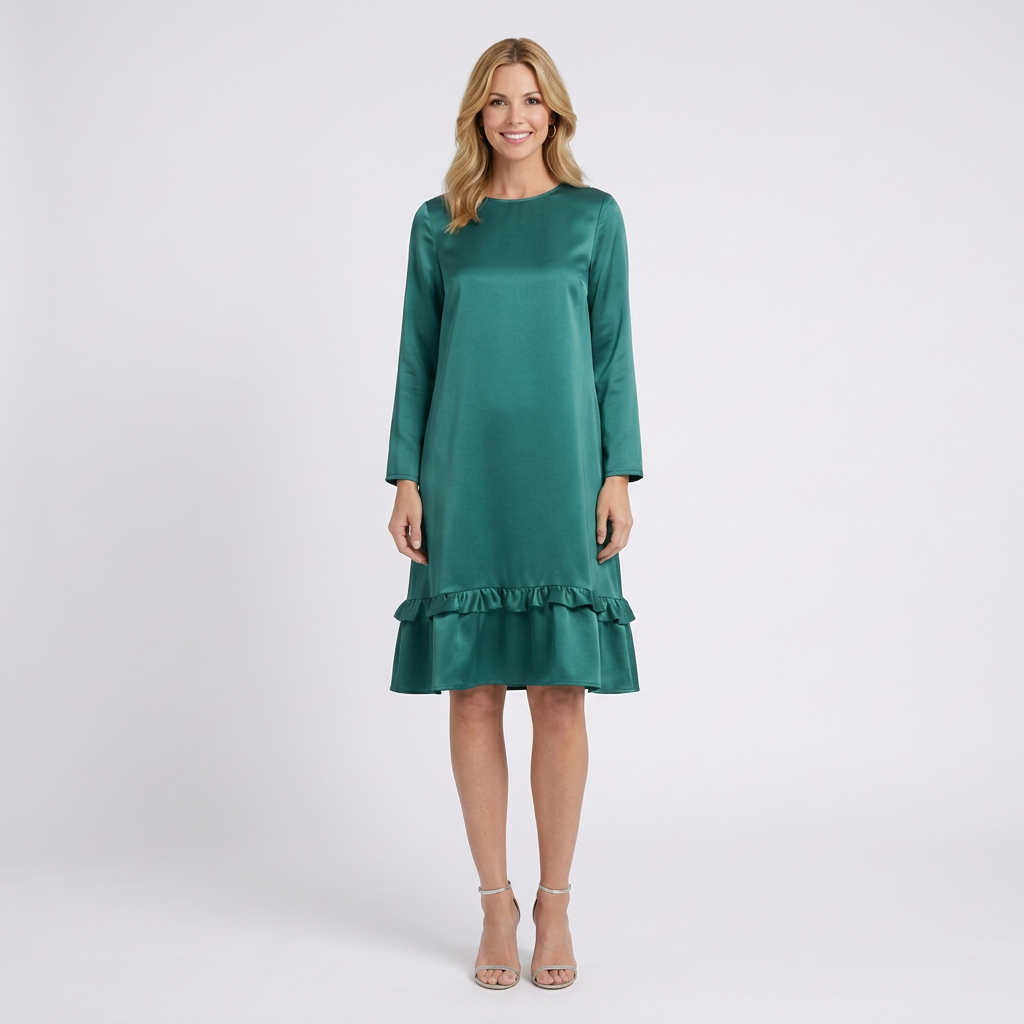 Women’s Long Sleeve Shift Dress – Ruffle Hem Knee Length Style