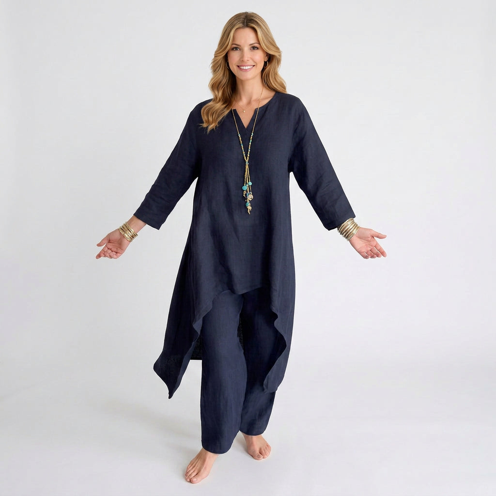 Relaxed Co-Ord Set – Button Neck Top and Trousers Style