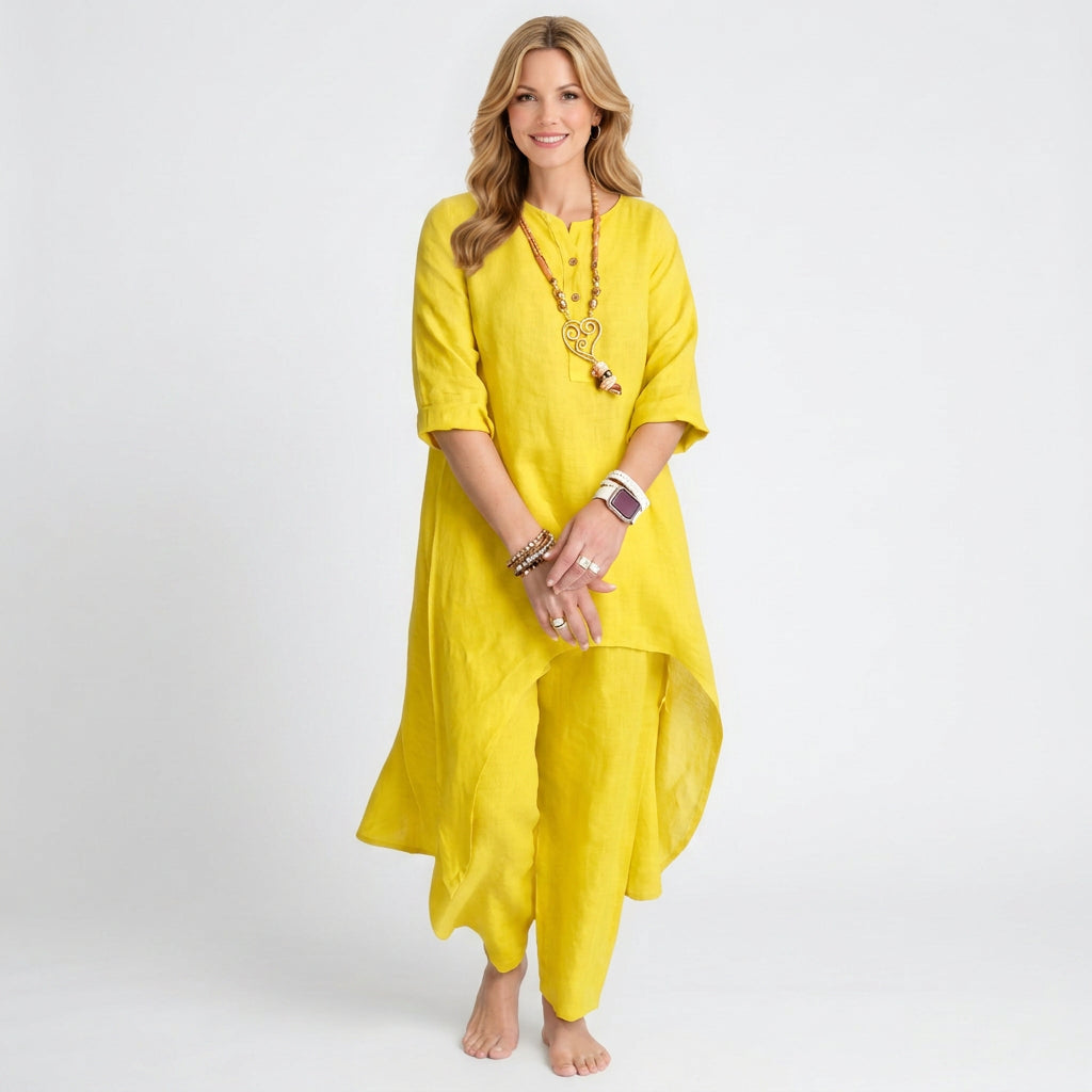 Relaxed Co-Ord Set – Button Neck Top and Trousers Style