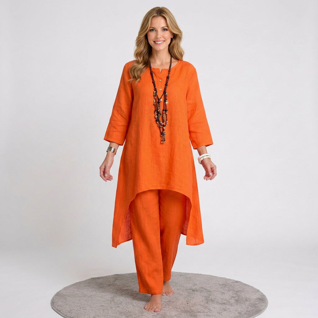 Relaxed Co-Ord Set – Button Neck Top and Trousers Style