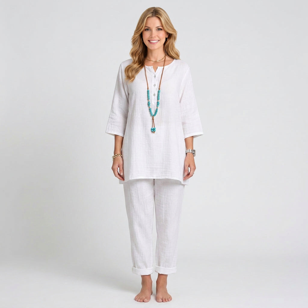 Relaxed Co-Ord Set – Button Neck Top and Trousers Style