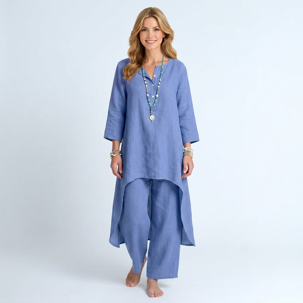 Relaxed Co-Ord Set – Button Neck Top and Trousers Style