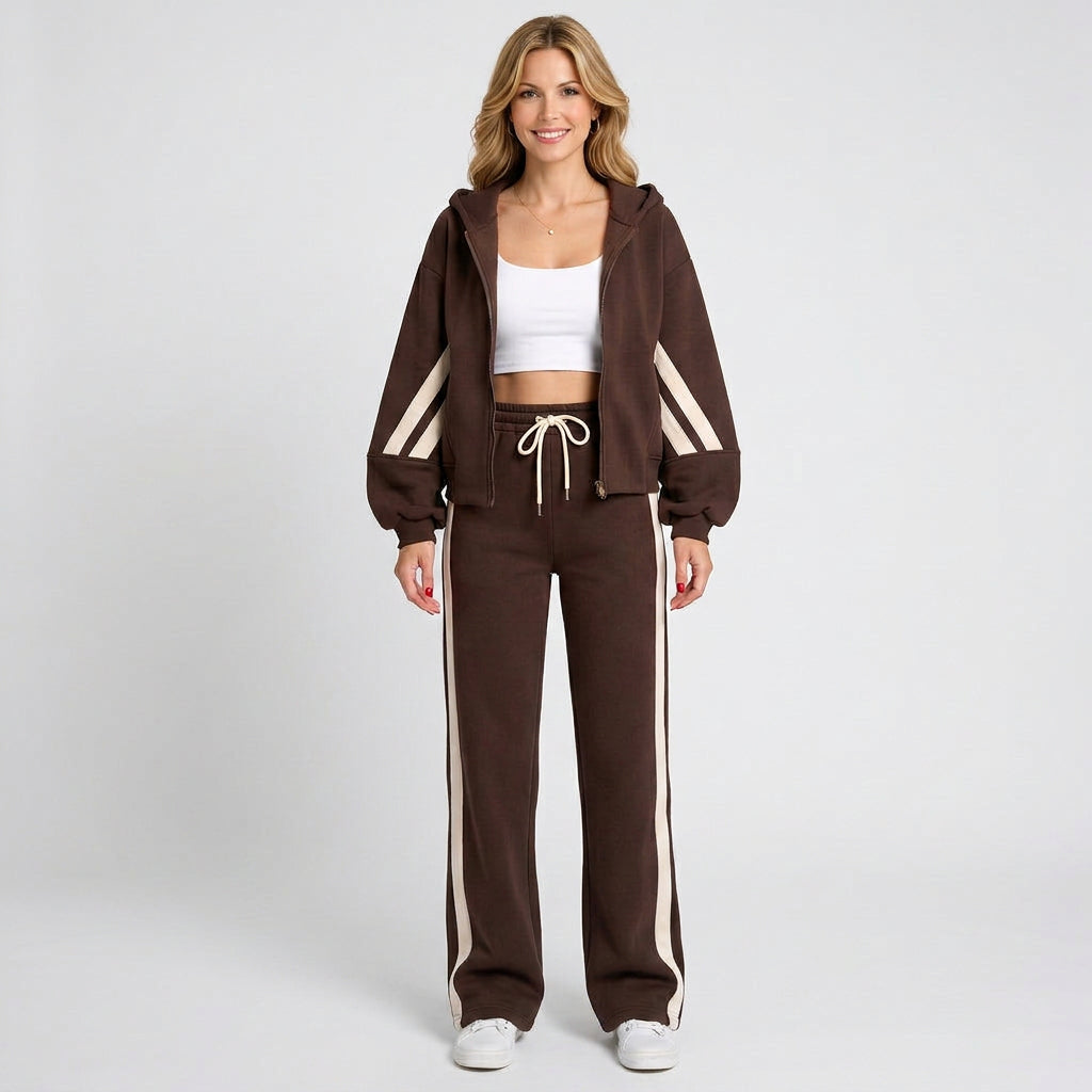 Zip Front Co-Ord Set – Stripe Detail Wide Leg Style
