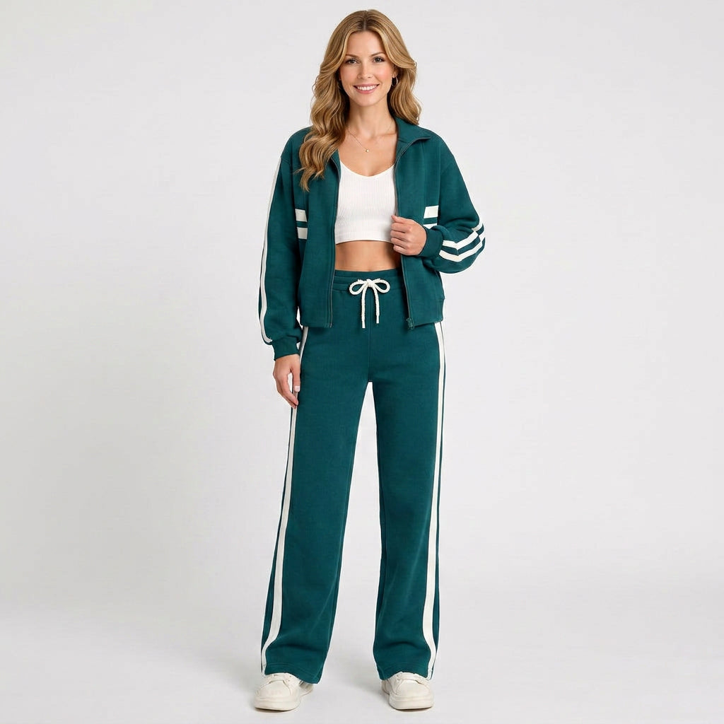 Zip Front Co-Ord Set – Stripe Detail Wide Leg Style