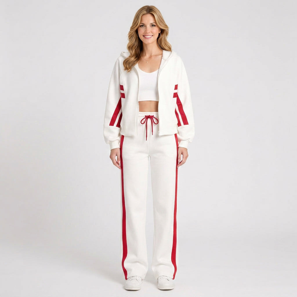 Zip Front Co-Ord Set – Stripe Detail Wide Leg Style