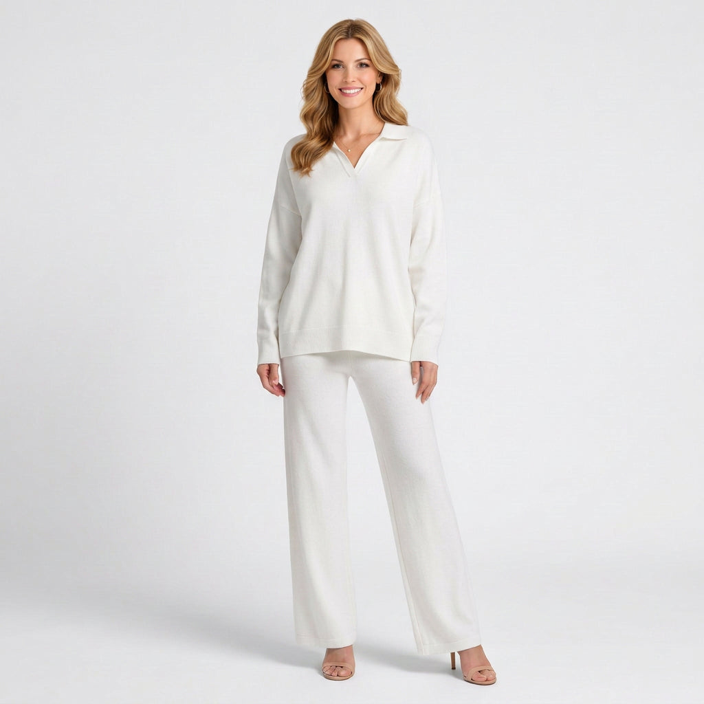 Knitted Co-Ord Set – Collared Long Sleeve Wide Leg Style