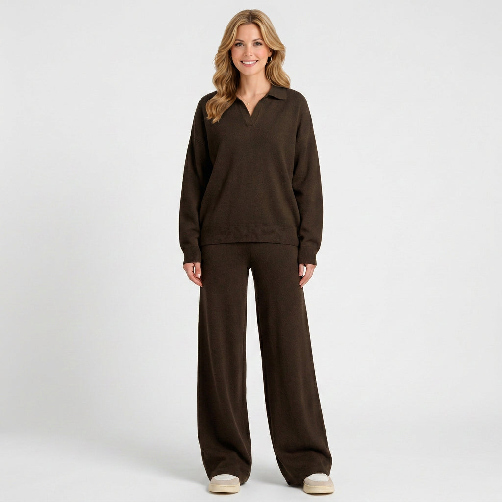Knitted Co-Ord Set – Collared Long Sleeve Wide Leg Style