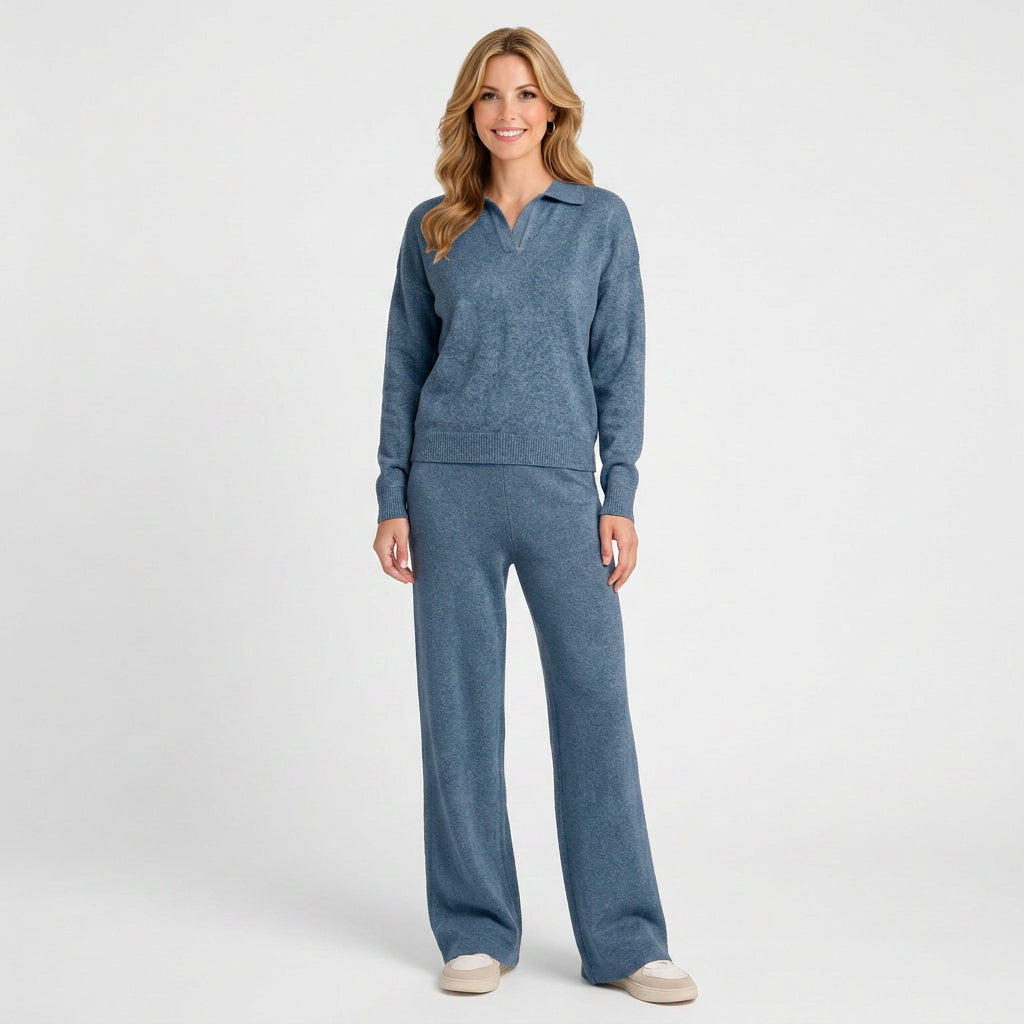 Knitted Co-Ord Set – Collared Long Sleeve Wide Leg Style