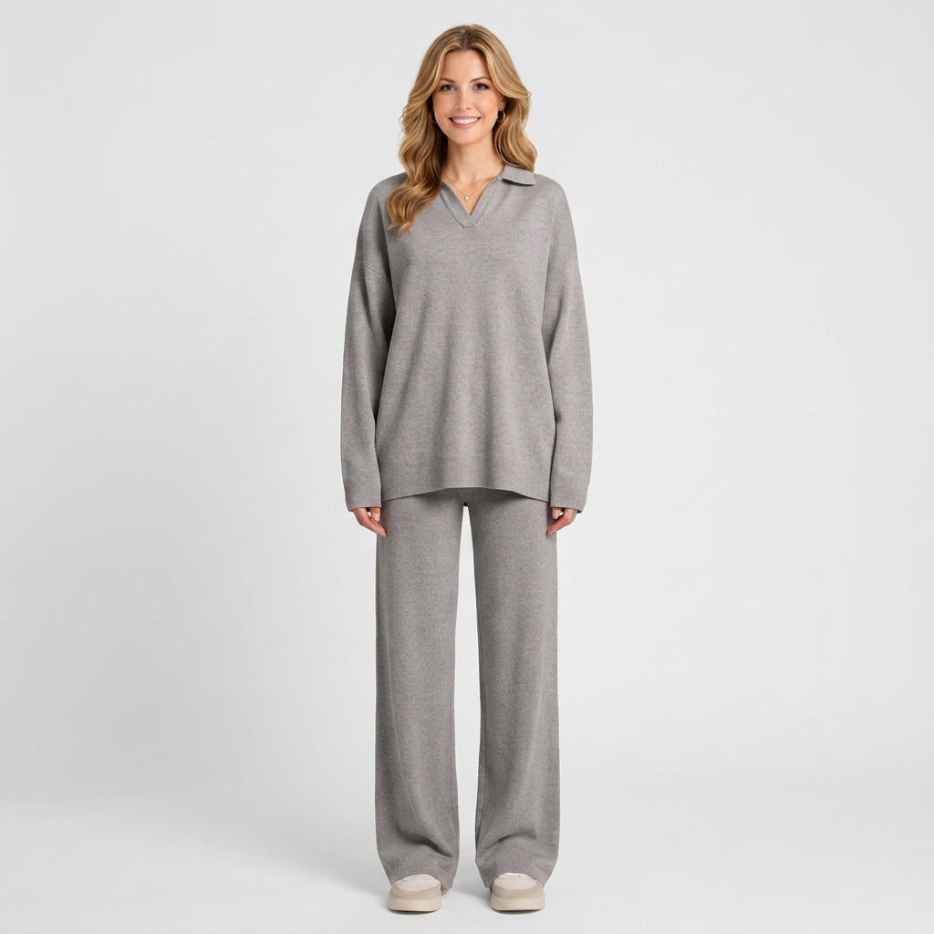 Knitted Co-Ord Set – Collared Long Sleeve Wide Leg Style