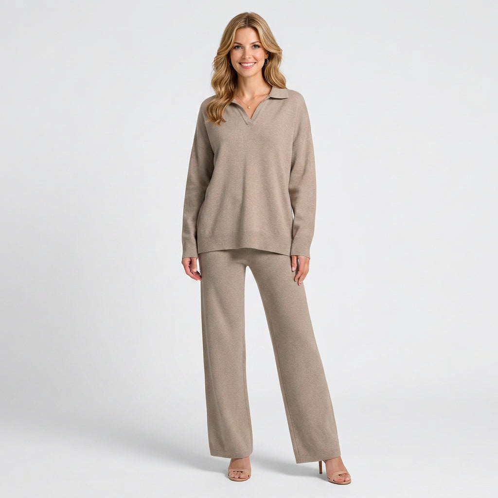 Knitted Co-Ord Set – Collared Long Sleeve Wide Leg Style