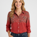 Women’s Printed Button Up Shirt – Collared Long Sleeve Pocket Style