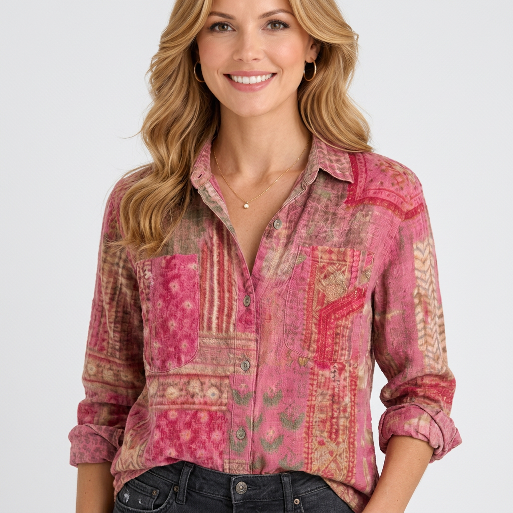 Women’s Printed Button Up Shirt – Collared Long Sleeve Pocket Style