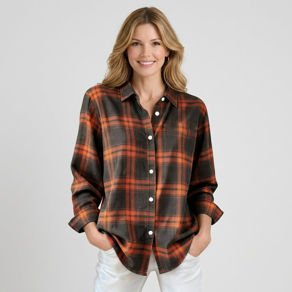 Women’s Plaid Button Up Shirt – Collared Long Sleeve Check Style