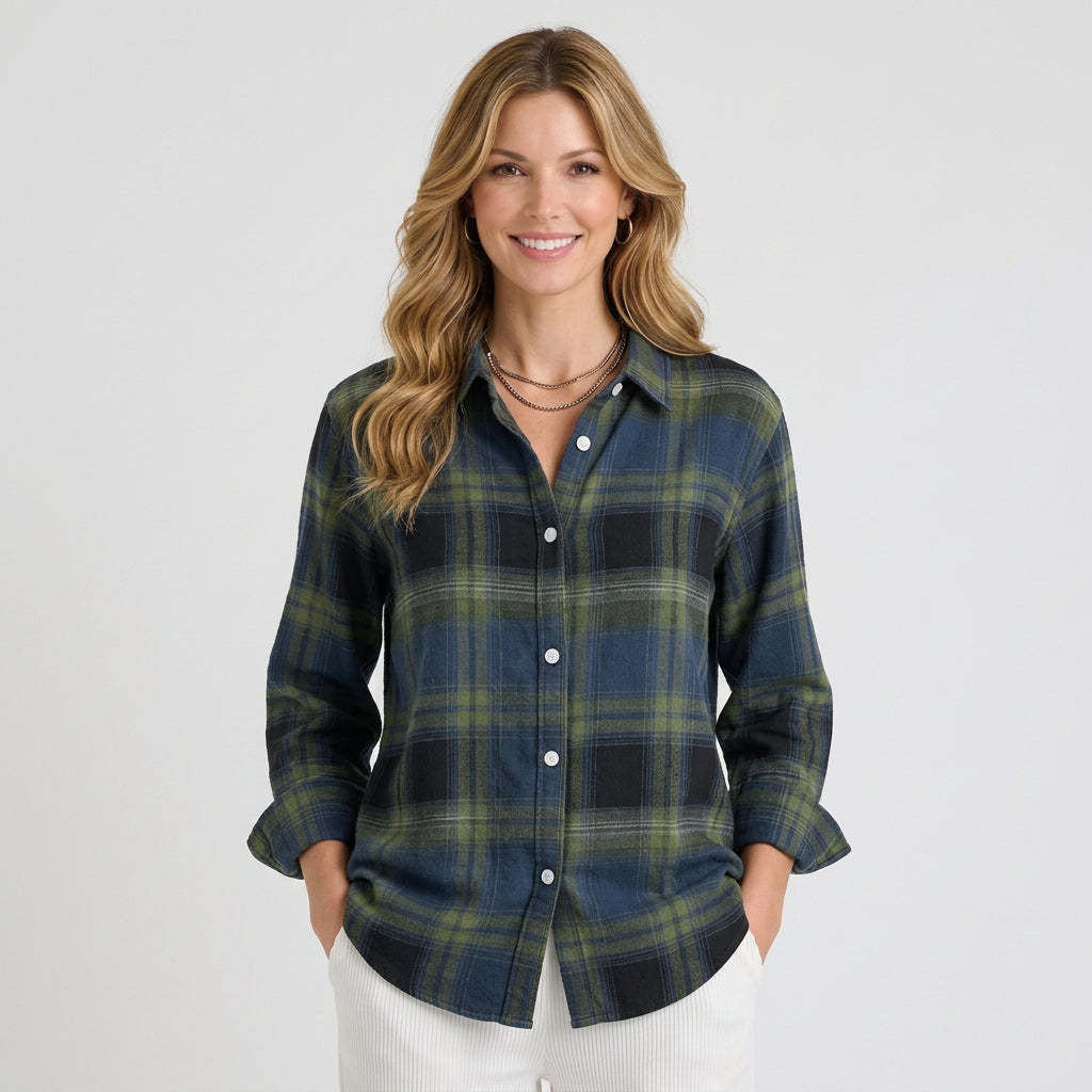 Women’s Plaid Button Up Shirt – Collared Long Sleeve Check Style