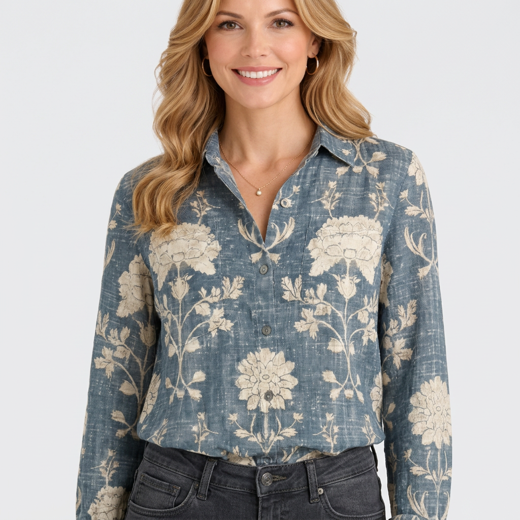 Women’s Printed Button Up Shirt – Collared Long Sleeve Pocket Style