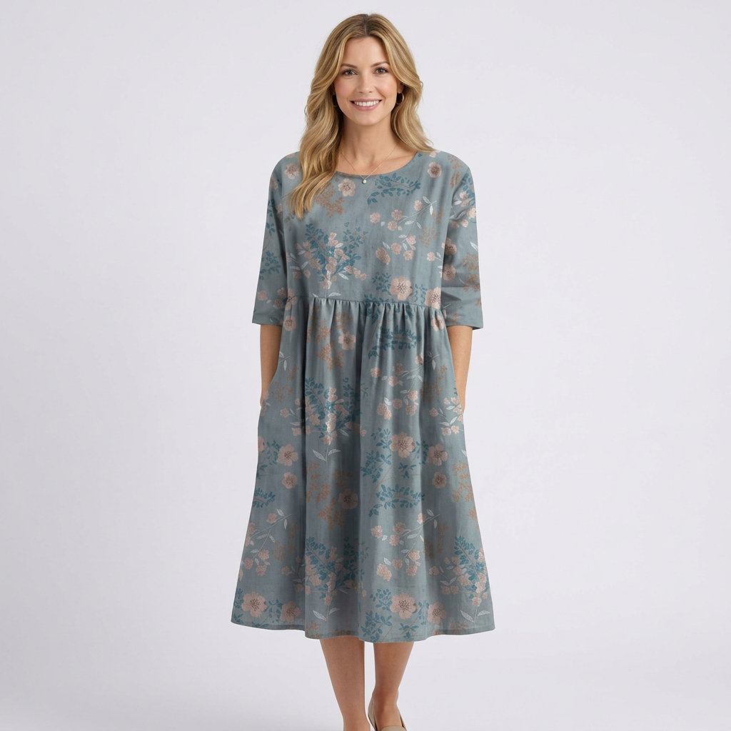 Women’s Floral Print Midi Dress – Short Sleeve Smock Style