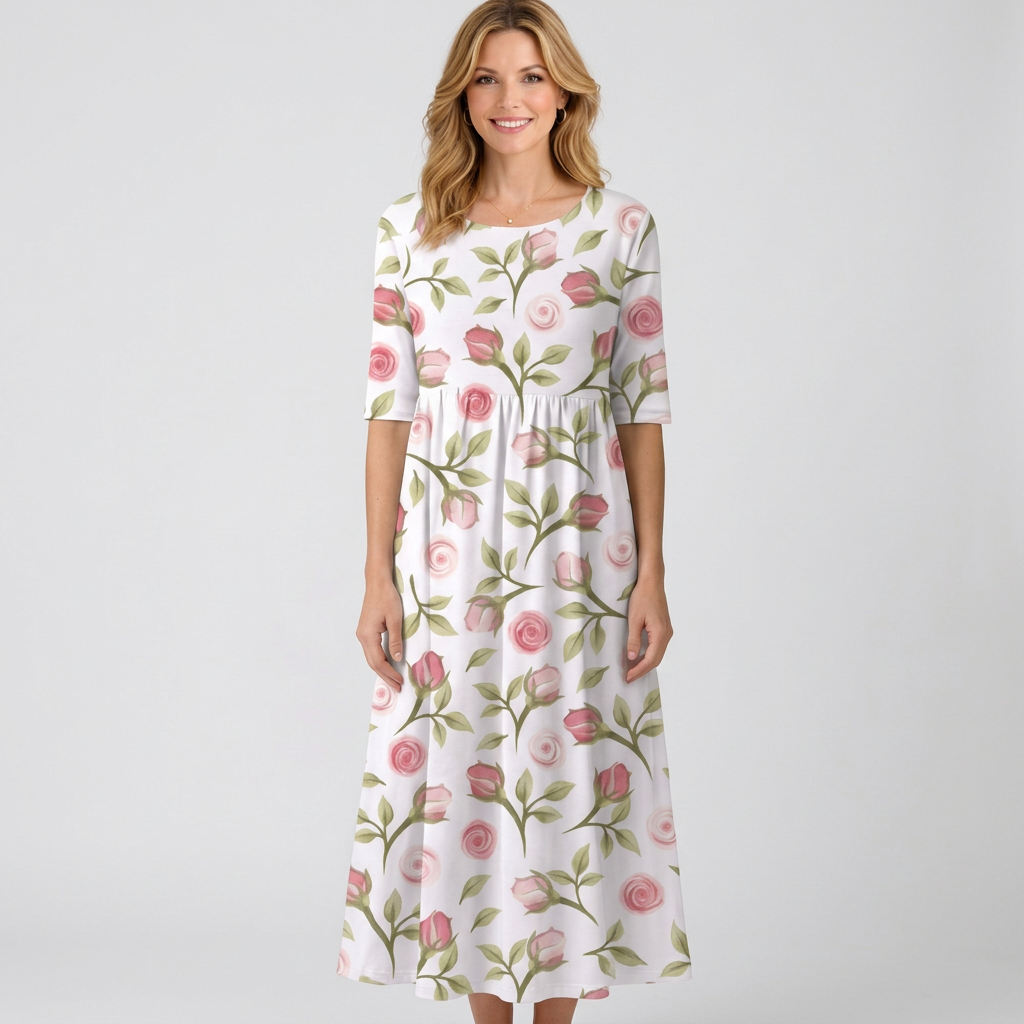 Women’s Floral Print Midi Dress – Short Sleeve Smock Style