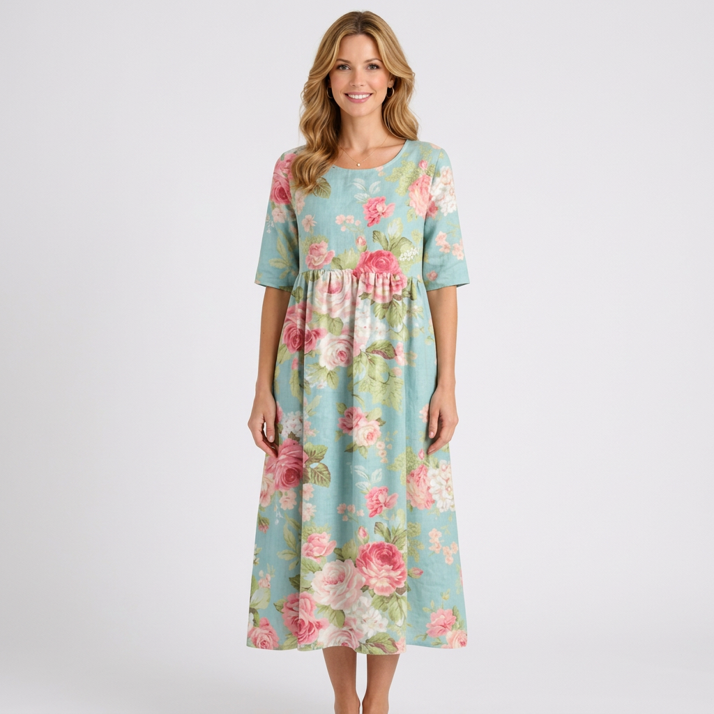 Women’s Floral Print Midi Dress – Short Sleeve Smock Style