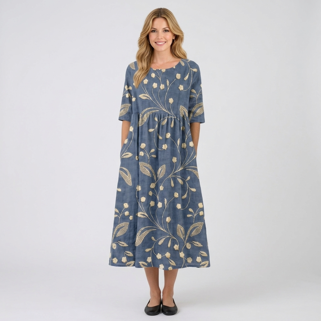Women’s Floral Print Midi Dress – Short Sleeve Smock Style