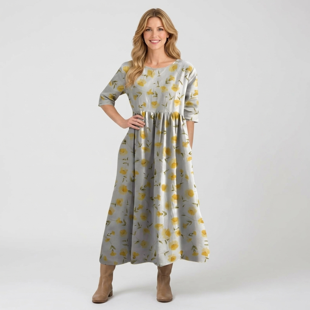 Women’s Floral Print Midi Dress – Short Sleeve Smock Style