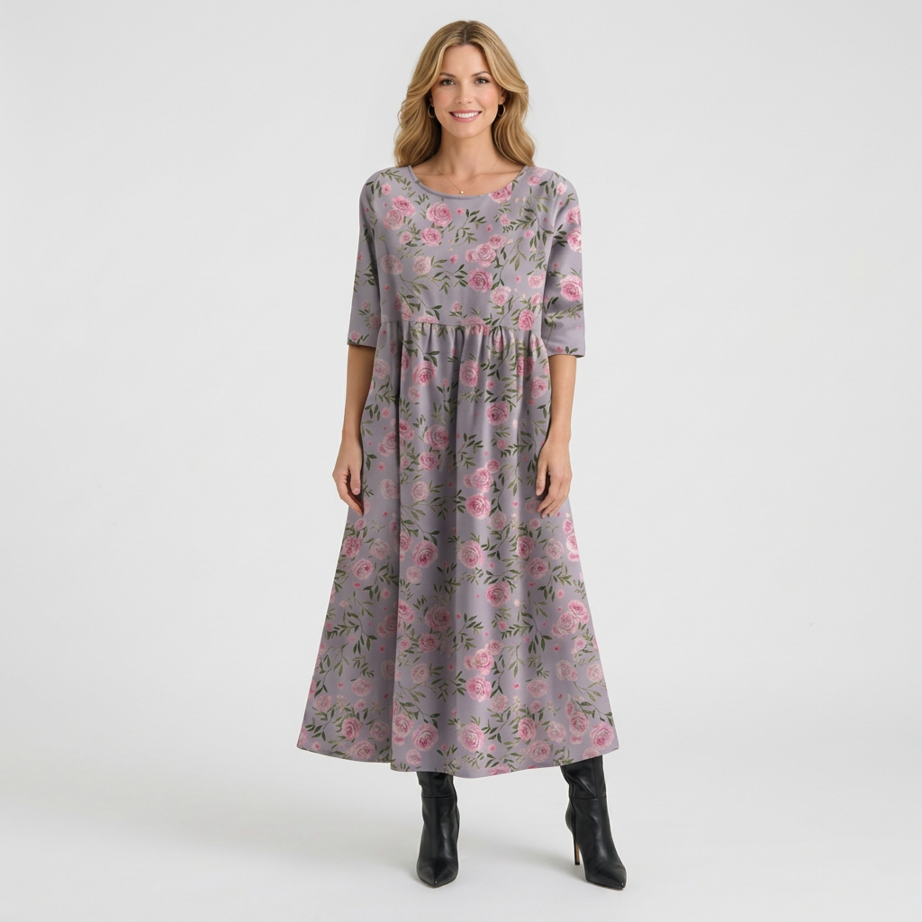 Women’s Floral Print Midi Dress – Short Sleeve Smock Style