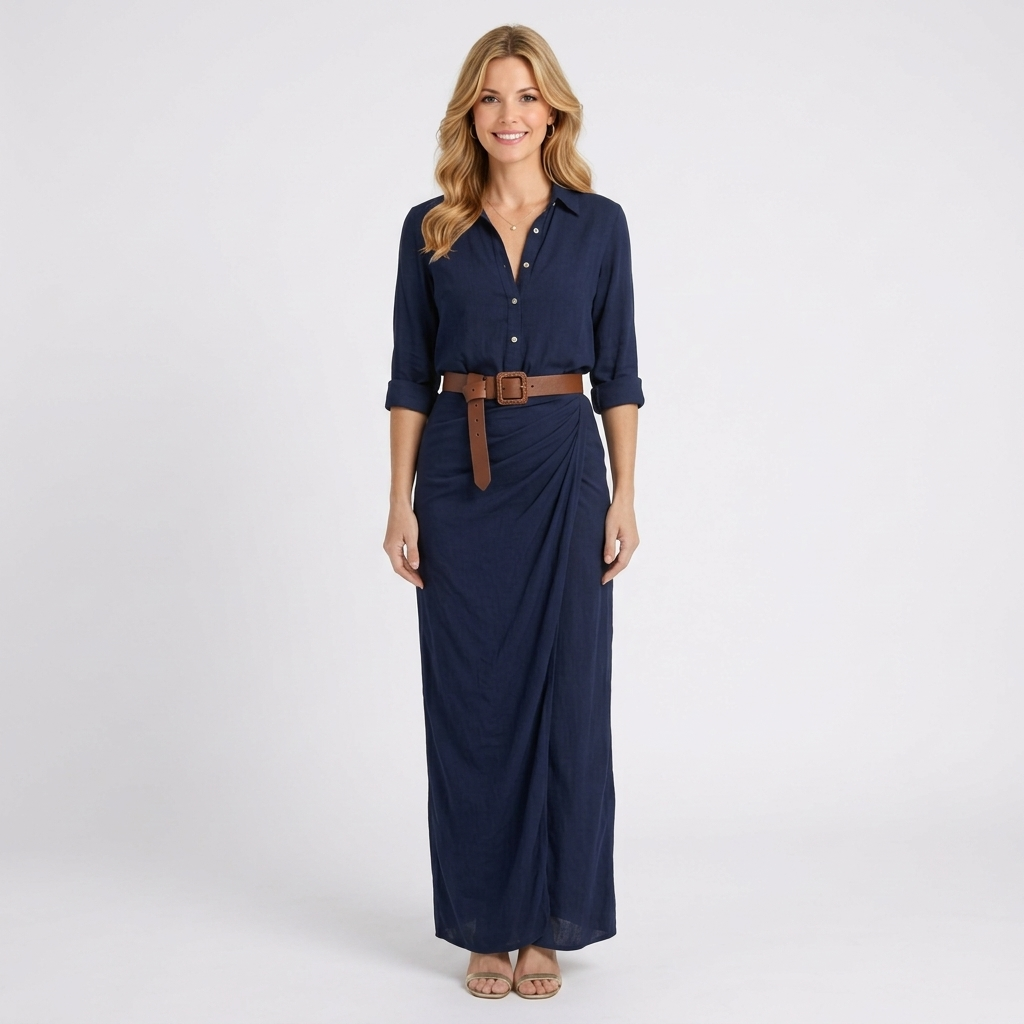 Women’s Maxi Shirt Dress – Long Sleeve Belted Wrap Style