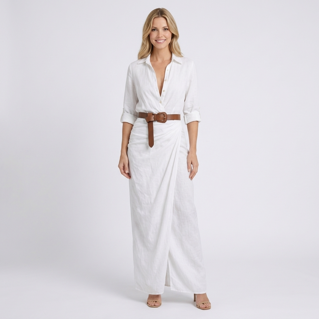 Women’s Maxi Shirt Dress – Long Sleeve Belted Wrap Style