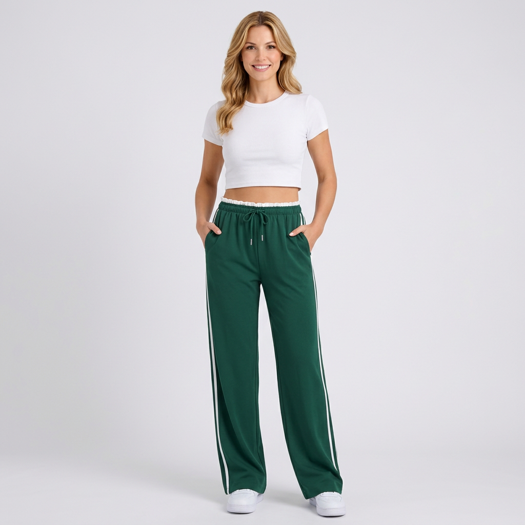Women’s Wide Leg Track Pants – Drawstring Waist Side Stripe Style