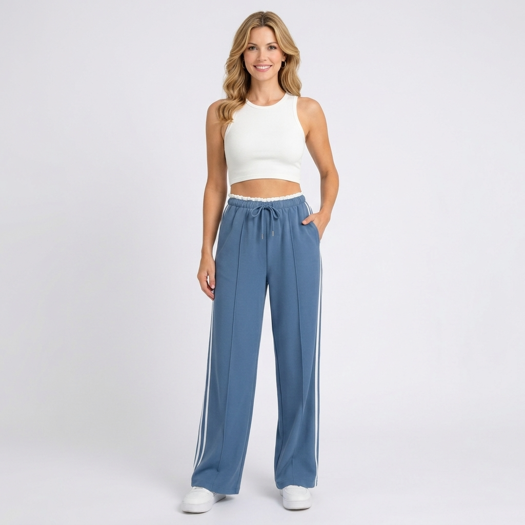 Women’s Wide Leg Track Pants – Drawstring Waist Side Stripe Style