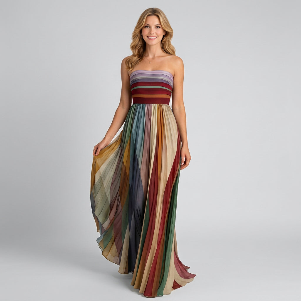 Strapless Maxi Dress – Multi Colour Pleated Occasion Style