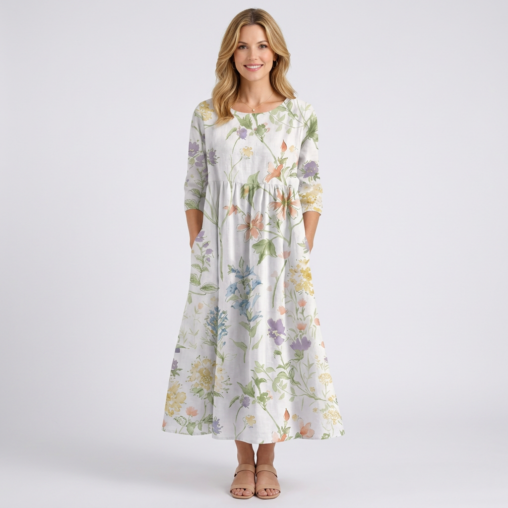 Women’s Floral Print Midi Dress – Short Sleeve Smock Style