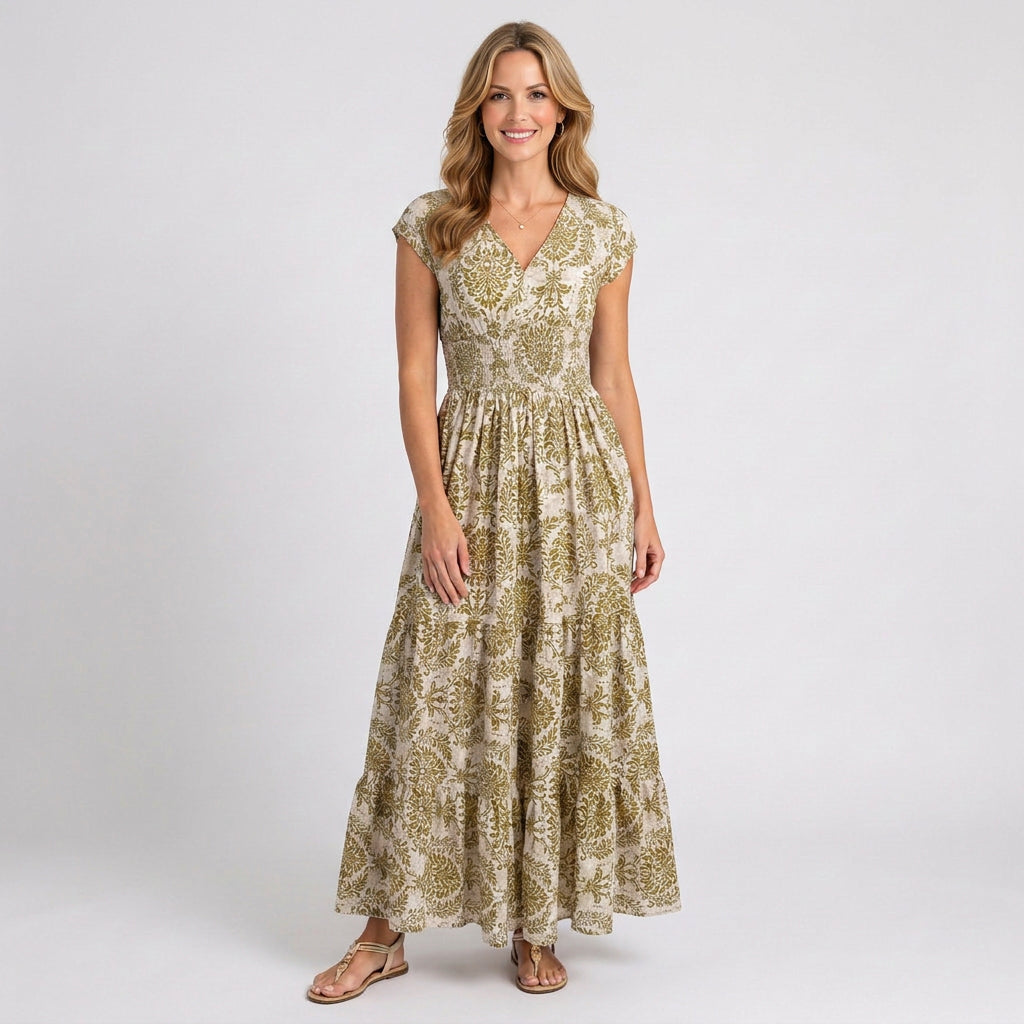 Printed Maxi Dress – V-Neck Cap Sleeve Fit & Flare Style