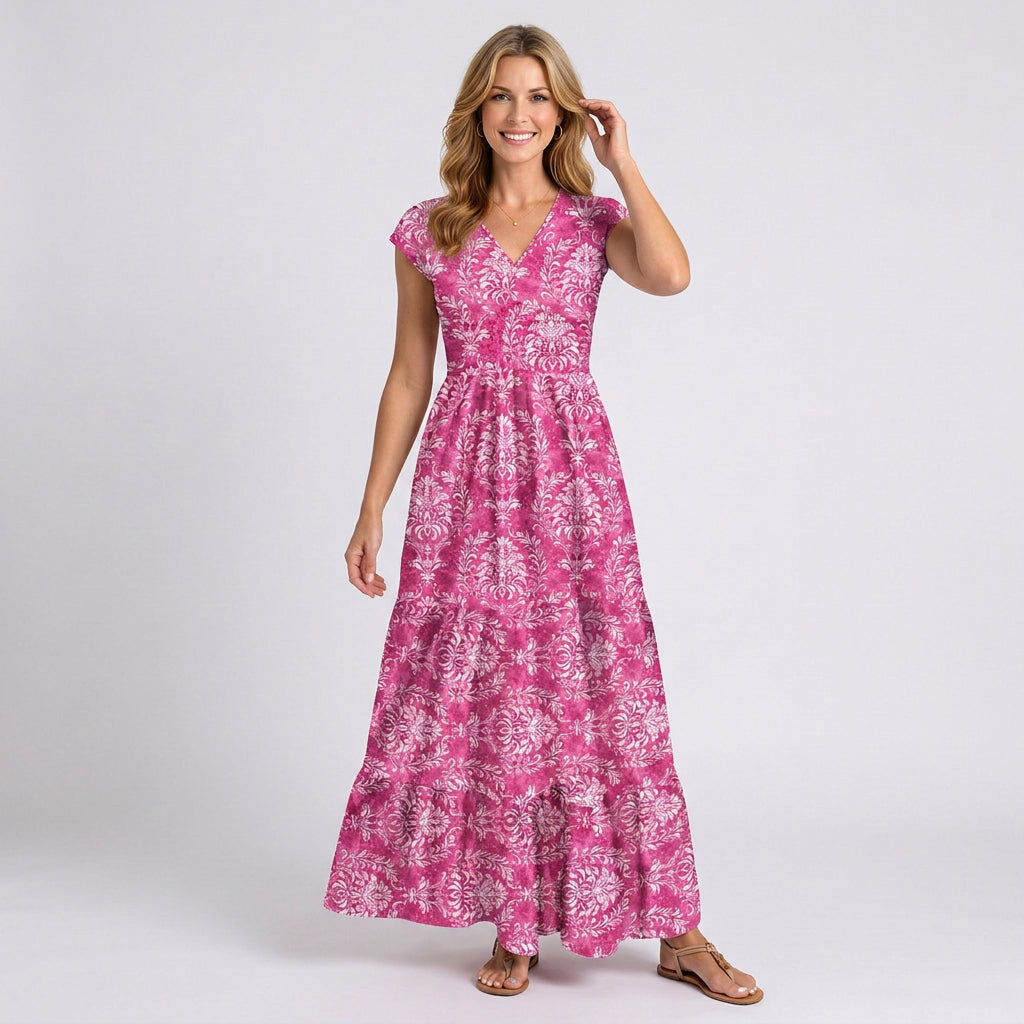 Printed Maxi Dress – V-Neck Cap Sleeve Fit & Flare Style