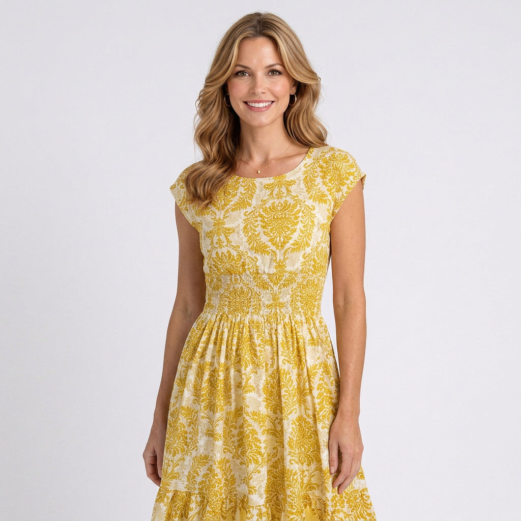 Printed Maxi Dress – V-Neck Cap Sleeve Fit & Flare Style