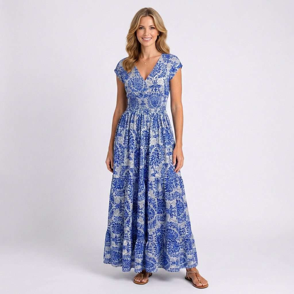 Printed Maxi Dress – V-Neck Cap Sleeve Fit & Flare Style
