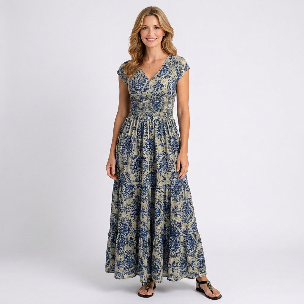 Printed Maxi Dress – V-Neck Cap Sleeve Fit & Flare Style