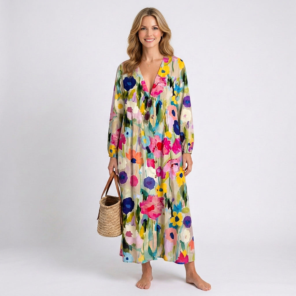Floral Maxi Dress – V-Neck Long Sleeve Relaxed Style