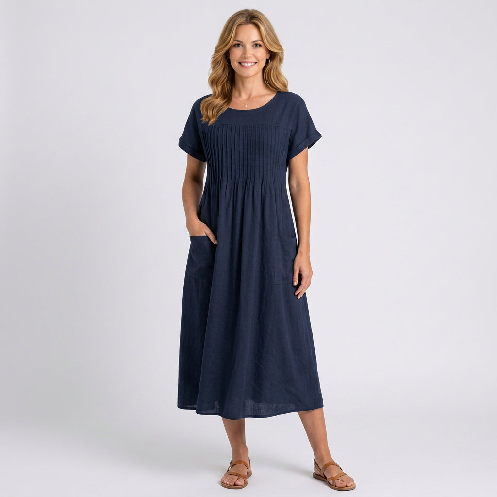 Pleated Front Midi Dress – Short Sleeve Pocket Casual Style