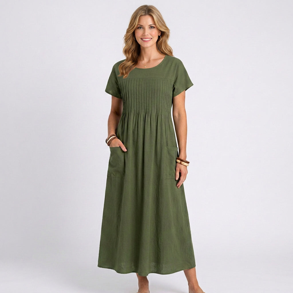 Pleated Front Midi Dress – Short Sleeve Pocket Casual Style