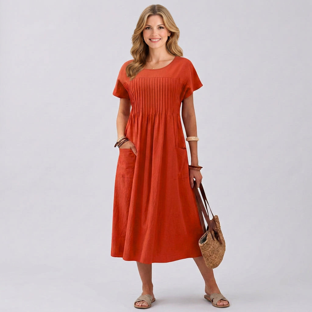 Pleated Front Midi Dress – Short Sleeve Pocket Casual Style