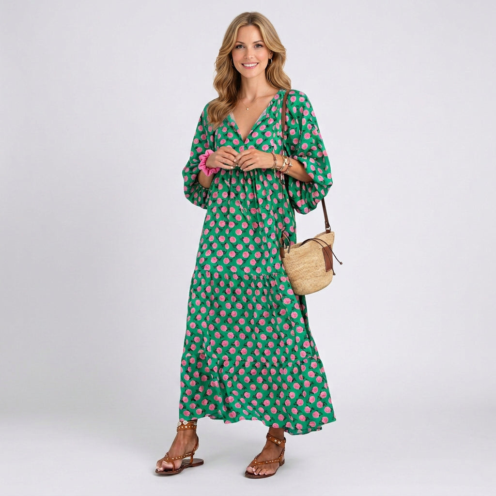 Printed Maxi Dress – V-Neck Relaxed Style